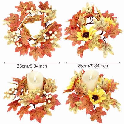 2 Pcs 9.8 Inch Fall Candle Rings Wreaths Candlestick Decorative Rattan Garland Maple Leaf Berries Sunflowers Candle Rings Autumn Wedding Parties Centerpieces