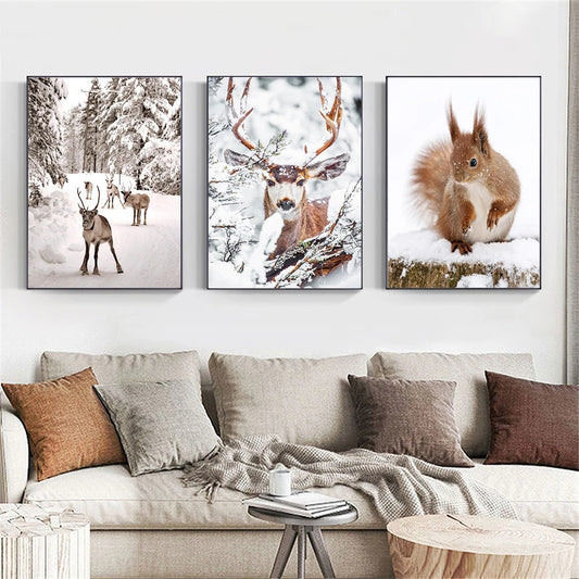 Northern Reindeer Squirrel Bear White Animal Art Painting