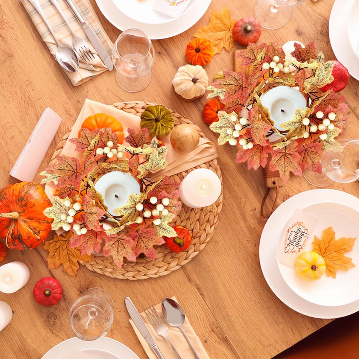2 Pcs 9.8 Inch Fall Candle Rings Wreaths Candlestick Decorative Rattan Garland Maple Leaf Berries Sunflowers Candle Rings Autumn Wedding Parties Centerpieces