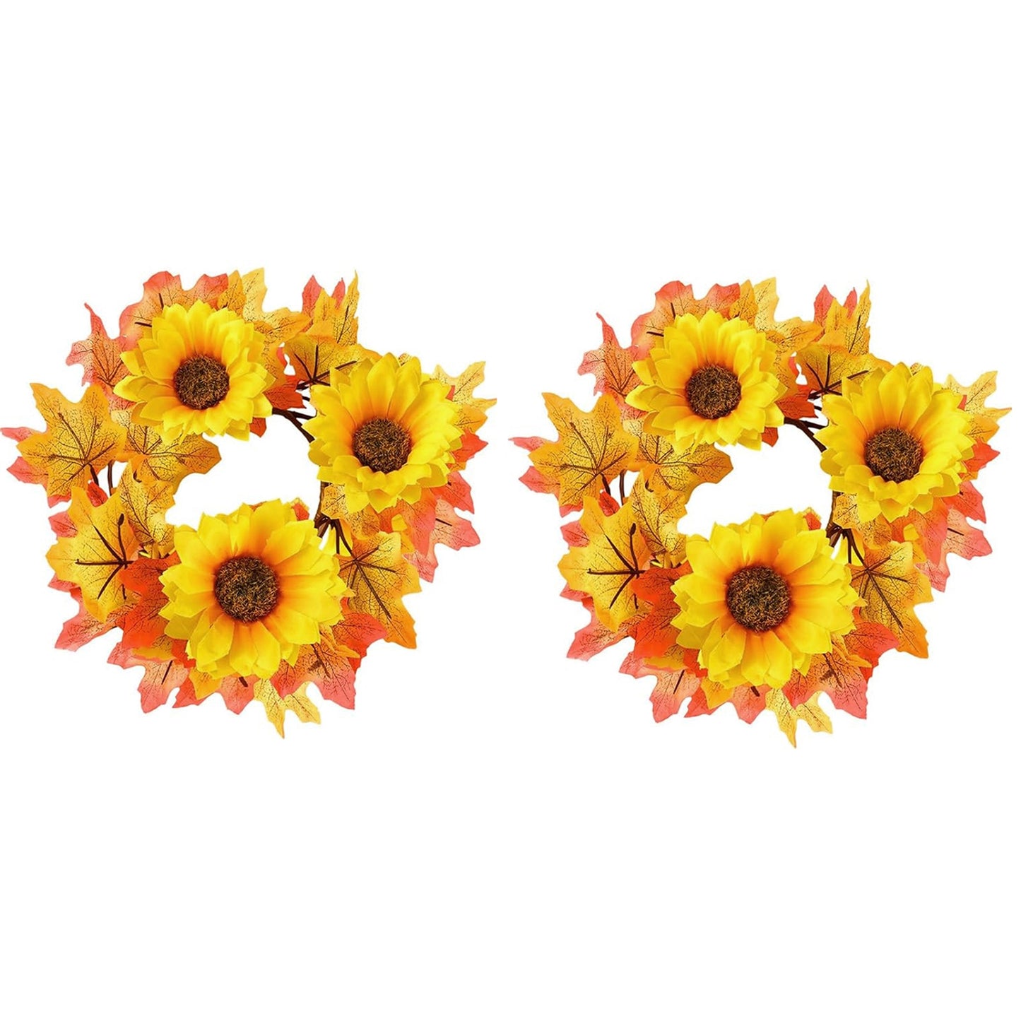 2 Pcs 9.8 Inch Fall Candle Rings Wreaths Candlestick Decorative Rattan Garland Maple Leaf Berries Sunflowers Candle Rings Autumn Wedding Parties Centerpieces