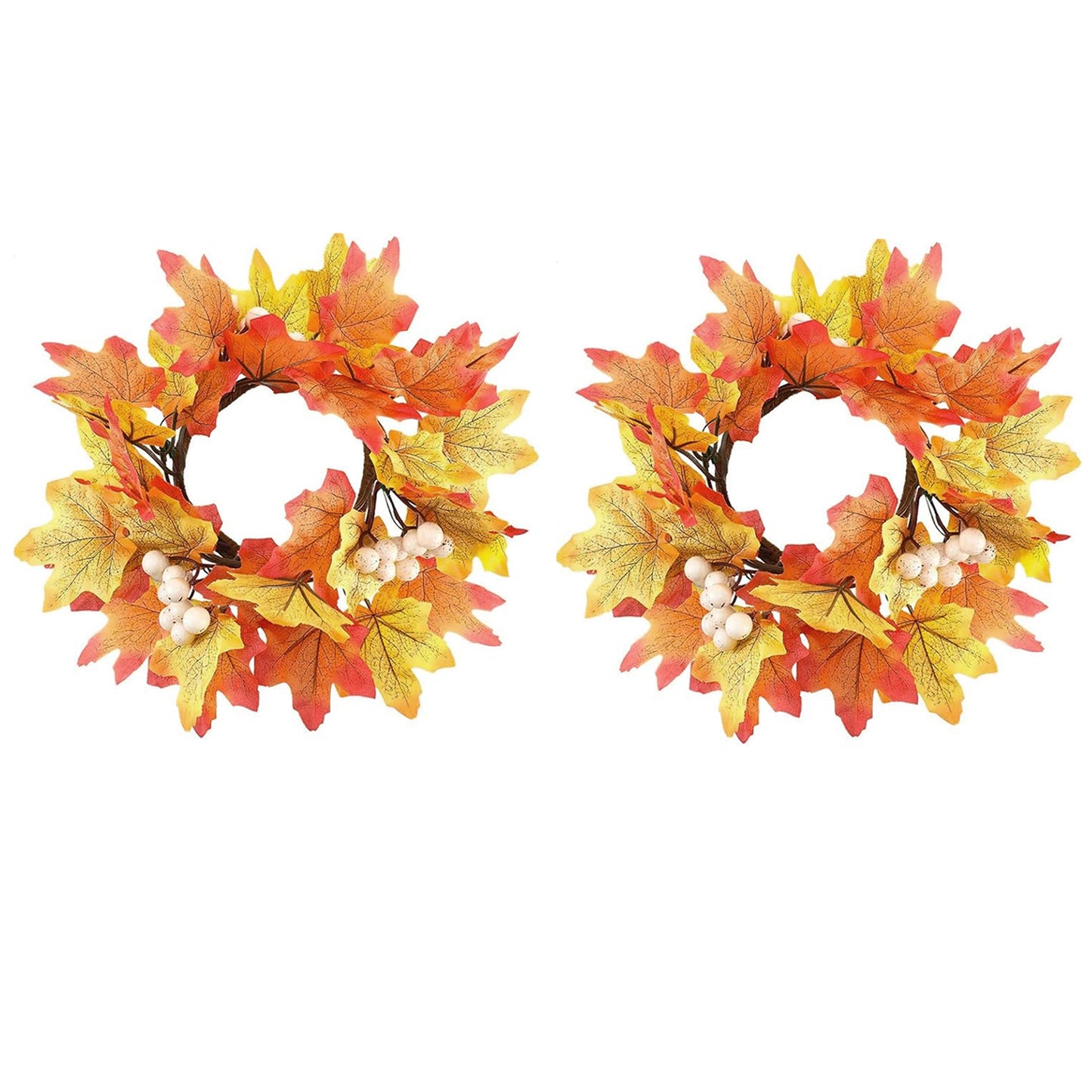 2 Pcs 9.8 Inch Fall Candle Rings Wreaths Candlestick Decorative Rattan Garland Maple Leaf Berries Sunflowers Candle Rings Autumn Wedding Parties Centerpieces