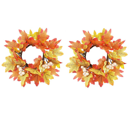 2 Pcs 9.8 Inch Fall Candle Rings Wreaths Candlestick Decorative Rattan Garland Maple Leaf Berries Sunflowers Candle Rings Autumn Wedding Parties Centerpieces