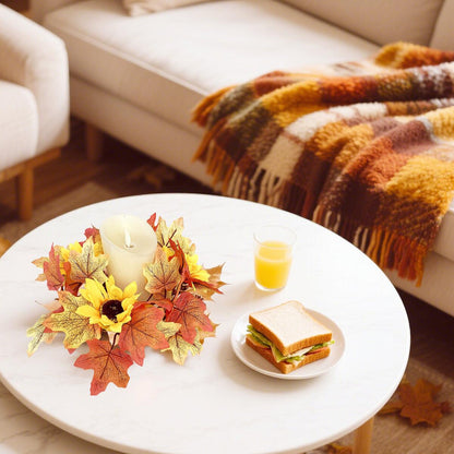 2 Pcs 9.8 Inch Fall Candle Rings Wreaths Candlestick Decorative Rattan Garland Maple Leaf Berries Sunflowers Candle Rings Autumn Wedding Parties Centerpieces