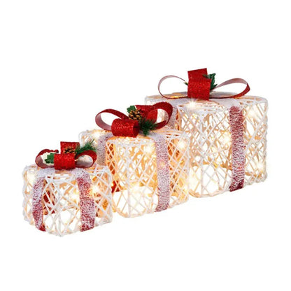 3-Piece Flocked Christmas Gift Boxes - 60 Warm-White LEDs, Timer Function, White+Red Festive Decor