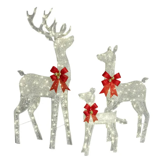 3-Piece Lighted Christmas Reindeer Family Set Outdoor Decorations, Weather Proof Sparkling Deer Family Set Of 3 Christmas Ornament Home Decor Pre-lit 290 LED Warm White Lights, 5FT, Silver