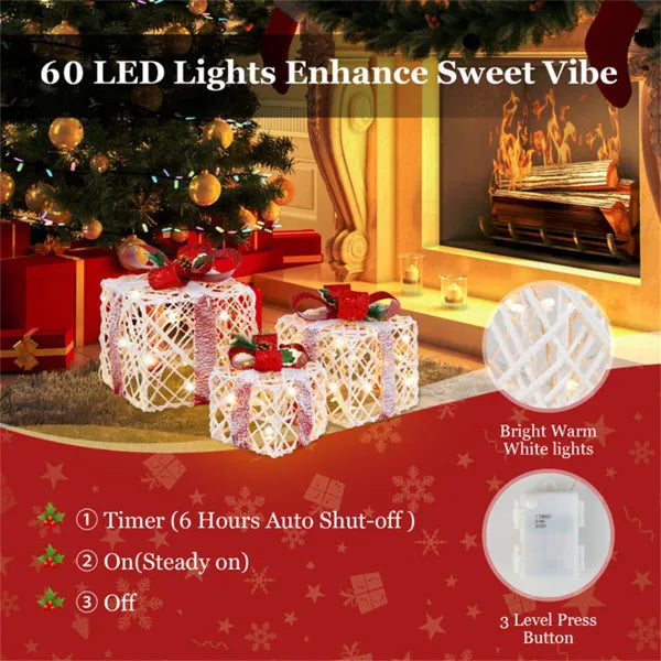 3-Piece Flocked Christmas Gift Boxes - 60 Warm-White LEDs, Timer Function, White+Red Festive Decor