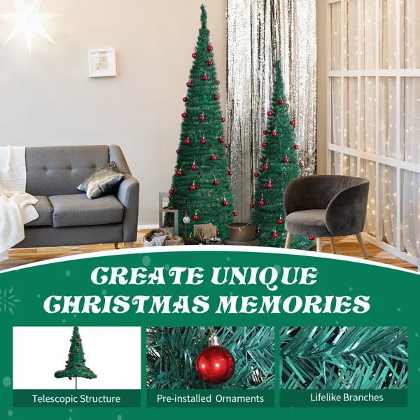 2 Pack, 6FT 5FT Artificial Up Christmas Tree With Red Ball Ornaments For For Home Office Store Holiday Deco, Green